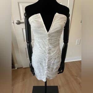 White Ruched tube top mini Dress with Sequin Details xl